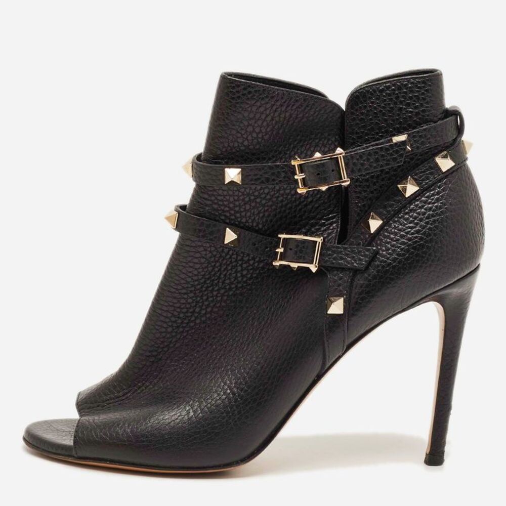 Valentino Size 38.5 Black Leather Rockstud Open Toe Ankle Length Boots